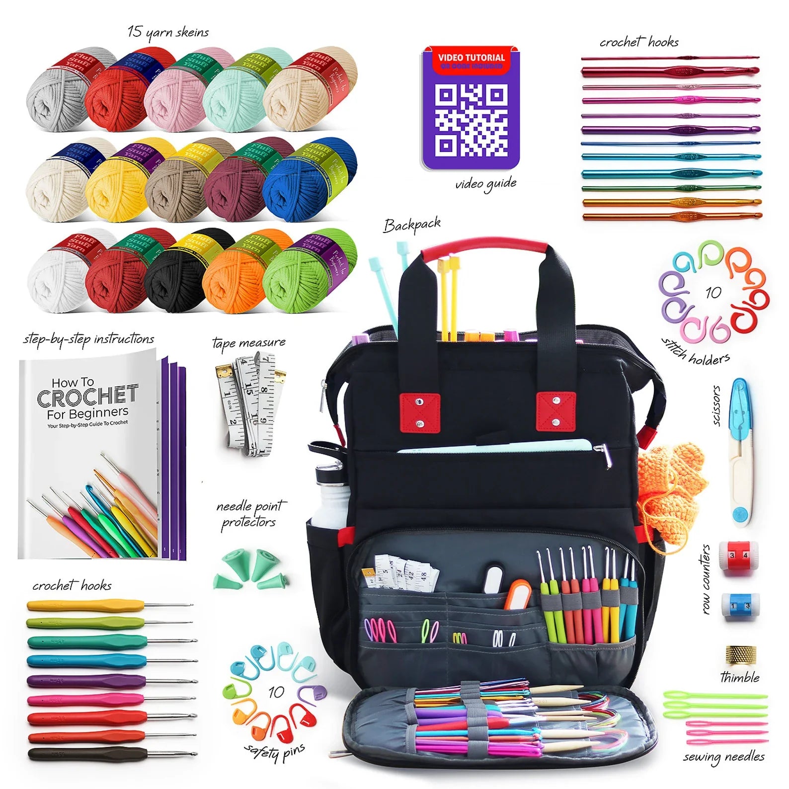 🧶 Beginner Crochet Kit with Yarn & Backpack