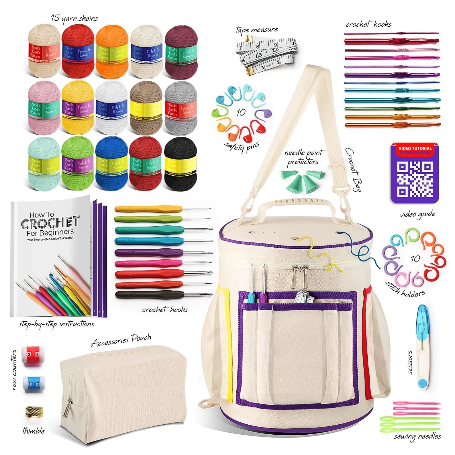 🧶 Beginner Crochet Kit with Yarn & Backpack